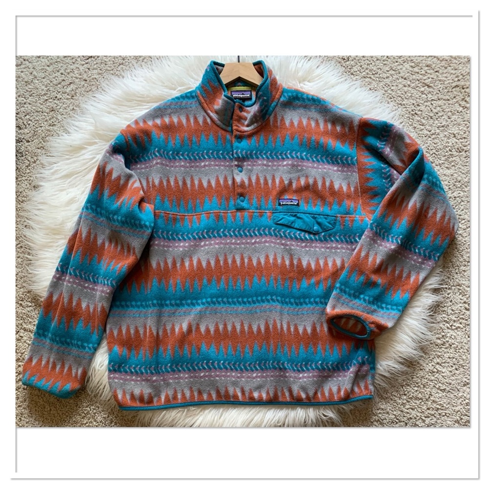 Patagonia Vintage Synchilla Fleece Jacket Laughing Waters Blue Orange Size XL